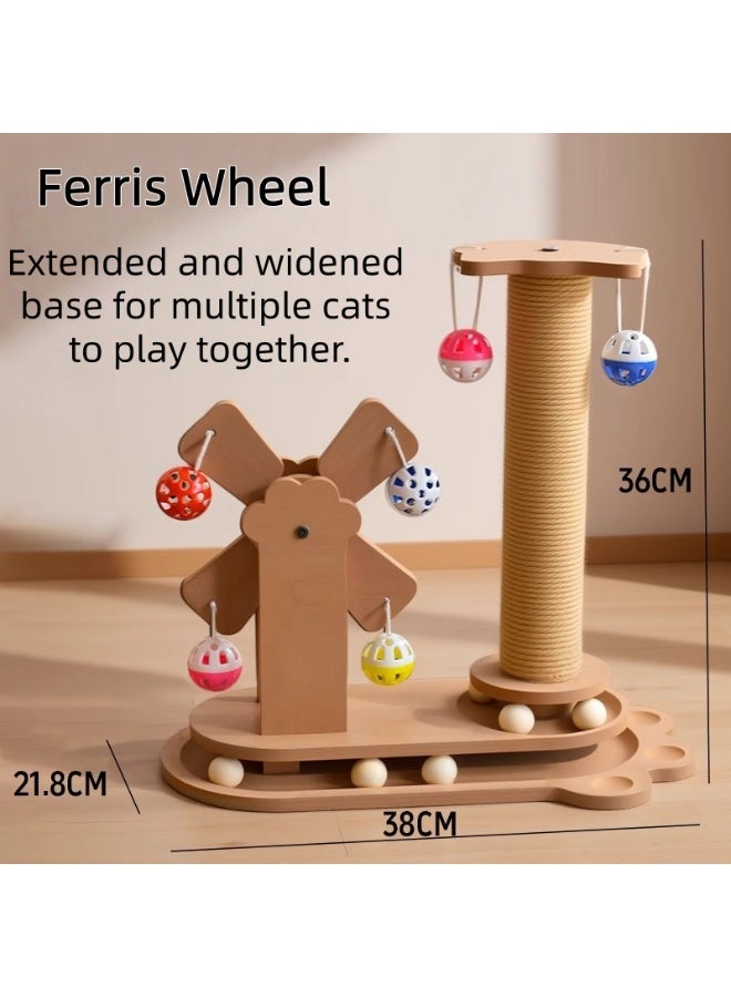 Sisily Cat Scratching Board Ferris Wheel, Interactive Cat Scratching Toy with Rotating Wheel and Hanging Balls, Wooden Cat Scratcher for Indoor Cats, Fun Play and Scratch Furniture - Image 2